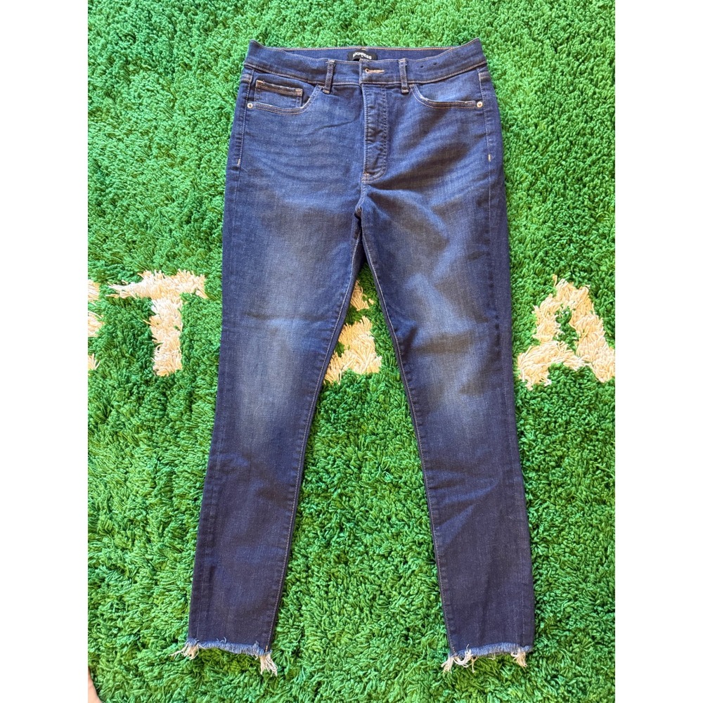 Express High Waisted Skinny Jeans Dark Wash‎ Raw Hem Denim Womens Size 12r